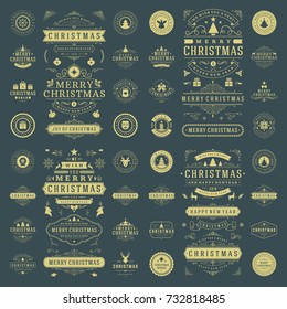 Christmas labels and badges vector design elements set. Merry Christmas and Holidays wishes retro typography decoration objects and symbols, vintage ornaments.