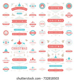 Christmas labels and badges vector design elements set. Merry Christmas and Holidays wishes retro typography decoration objects and symbols, vintage ornaments.