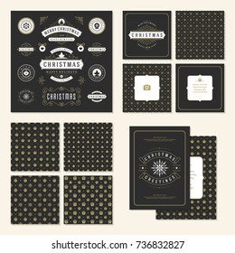 Christmas labels and badges vector design elements set and greeting cards templates. Merry Christmas and Holidays wishes retro typography decoration objects, vintage ornaments.