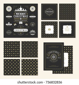 Christmas labels and badges vector design elements set and greeting cards templates. Merry Christmas and Holidays wishes retro typography decoration objects, vintage ornaments.