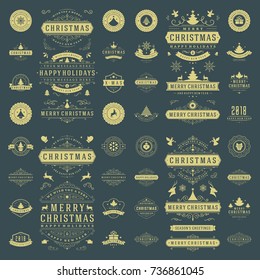 Christmas labels and badges vector design elements set. Merry Christmas and Holidays wishes retro typography decoration objects and symbols, vintage ornaments.