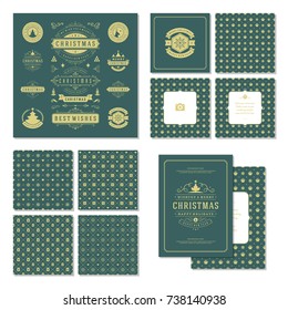 Christmas labels and badges vector design elements set and greeting cards templates. Merry Christmas and Holidays wishes retro typography decoration objects, vintage ornaments.