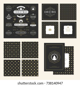 Christmas labels and badges vector design elements set and greeting cards templates. Merry Christmas and Holidays wishes retro typography decoration objects, vintage ornaments.