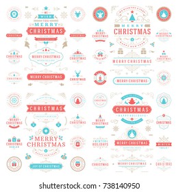Christmas labels and badges vector design elements set. Merry Christmas and Holidays wishes retro typography decoration objects and symbols, vintage ornaments.