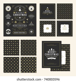 Christmas labels and badges vector design elements set and greeting cards templates. Merry Christmas and Holidays wishes retro typography decoration objects, vintage ornaments.