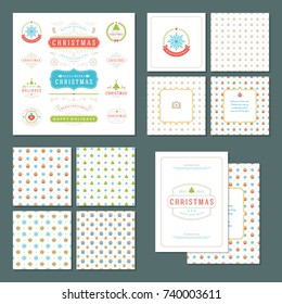Christmas labels and badges vector design elements set and greeting cards templates. Merry Christmas and Holidays wishes retro typography decoration objects, vintage ornaments.