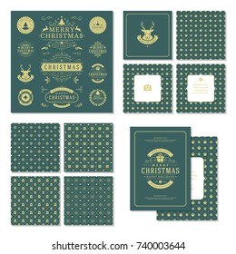 Christmas labels and badges vector design elements set and greeting cards templates. Merry Christmas and Holidays wishes retro typography decoration objects, vintage ornaments.