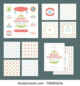 Christmas labels and badges vector design elements set and greeting cards templates. Merry Christmas and Holidays wishes retro typography decoration objects, vintage ornaments.