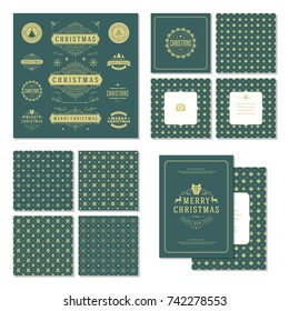 Christmas labels and badges vector design elements set and greeting cards templates. Merry Christmas and Holidays wishes retro typography decoration objects, vintage ornaments.