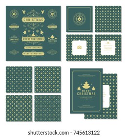 Christmas labels and badges vector design elements set and greeting cards templates. Merry Christmas and Holidays wishes retro typography decoration objects, vintage ornaments.