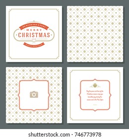 Christmas labels and badges vector design elements set and greeting cards templates. Merry Christmas and Holidays wishes retro typography decoration objects, vintage ornaments.
