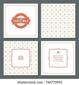 Christmas labels and badges vector design elements set and greeting cards templates. Merry Christmas and Holidays wishes retro typography decoration objects, vintage ornaments.
