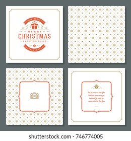 Christmas labels and badges vector design elements set and greeting cards templates. Merry Christmas and Holidays wishes retro typography decoration objects, vintage ornaments.
