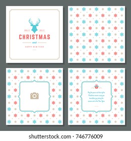 Christmas labels and badges vector design elements set and greeting cards templates. Merry Christmas and Holidays wishes retro typography decoration objects, vintage ornaments.