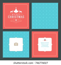 Christmas labels and badges vector design elements set and greeting cards templates. Merry Christmas and Holidays wishes retro typography decoration objects, vintage ornaments.