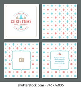 Christmas labels and badges vector design elements set and greeting cards templates. Merry Christmas and Holidays wishes retro typography decoration objects, vintage ornaments.