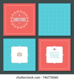 Christmas labels and badges vector design elements set and greeting cards templates. Merry Christmas and Holidays wishes retro typography decoration objects, vintage ornaments.