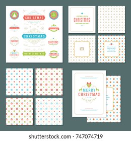 Christmas labels and badges vector design elements set and greeting cards templates. Merry Christmas and Holidays wishes retro typography decoration objects, vintage ornaments.