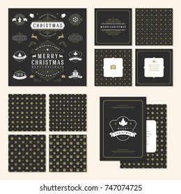 Christmas labels and badges vector design elements set and greeting cards templates. Merry Christmas and Holidays wishes retro typography decoration objects, vintage ornaments.