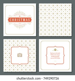 Christmas labels and badges vector design elements set and greeting cards templates. Merry Christmas and Holidays wishes retro typography decoration objects, vintage ornaments.