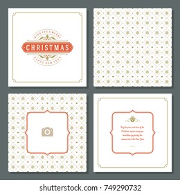 Christmas labels and badges vector design elements set and greeting cards templates. Merry Christmas and Holidays wishes retro typography decoration objects, vintage ornaments.