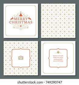Christmas labels and badges vector design elements set and greeting cards templates. Merry Christmas and Holidays wishes retro typography decoration objects, vintage ornaments.