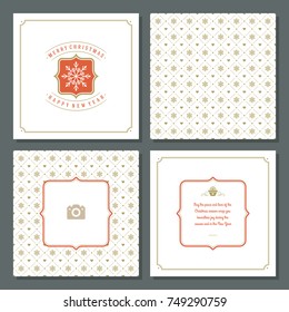 Christmas labels and badges vector design elements set and greeting cards templates. Merry Christmas and Holidays wishes retro typography decoration objects, vintage ornaments.