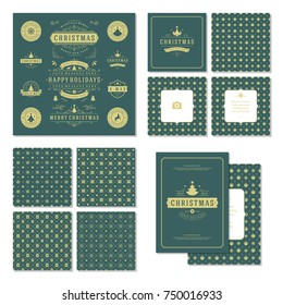 Christmas labels and badges vector design elements set and greeting cards templates. Merry Christmas and Holidays wishes retro typography decoration objects, vintage ornaments.