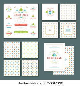 Christmas labels and badges vector design elements set and greeting cards templates. Merry Christmas and Holidays wishes retro typography decoration objects, vintage ornaments.