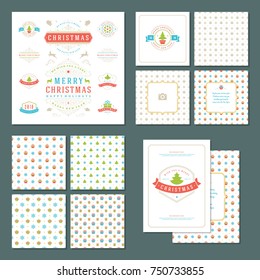 Christmas labels and badges vector design elements set and greeting cards templates. Merry Christmas and Holidays wishes retro typography decoration objects, vintage ornaments.