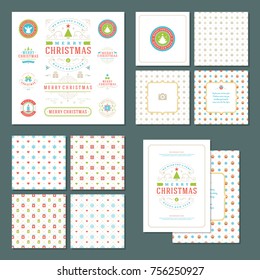 Christmas labels and badges vector design elements set and greeting cards templates. Merry Christmas and Holidays wishes retro typography decoration objects, vintage ornaments.