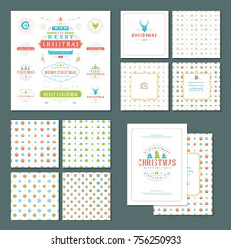 Christmas labels and badges vector design elements set and greeting cards templates. Merry Christmas and Holidays wishes retro typography decoration objects, vintage ornaments.