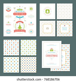 Christmas labels and badges vector design elements set and greeting cards templates. Merry Christmas and Holidays wishes retro typography decoration objects, vintage ornaments.