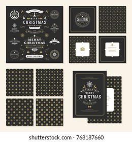 Christmas labels and badges vector design elements set and greeting cards templates. Merry Christmas and Holidays wishes retro typography decoration objects, vintage ornaments.