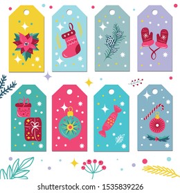 Christmas labels with branch and leaf patterns and patterns