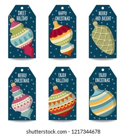 Christmas labels collection with Christmas balls, isolated items on white background. Vector