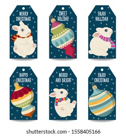 Christmas labels collection with Christmas balls, and rabbits  isolated items on white background. Vector