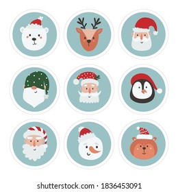 Christmas labels collection with snowman, gnome, santa and woodland animals. Printable cards templates.