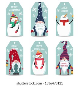 Christmas labels collection with snowman and gnomes isolated items on white background, eps10