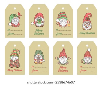 Christmas labels with cute cartoon gnomes. Winter gift tags collection. Season greeting card. Merry Christmas text. From - to note. Scrapbook Xmas and New year cut file for card, sticker, label.