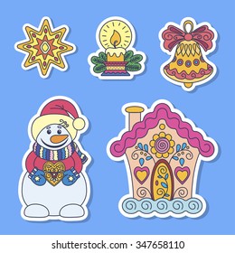 Christmas labels, design element, children illustration, snowman, mittens, star, scarf, hat, heart, house, heart, candle, bell