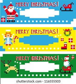 Christmas labels with different funny season pixel characters.Web banners set