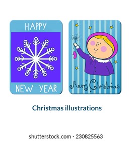 Christmas labels in doodle style, vector holiday illustration