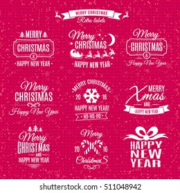 Christmas labels element set white color with santa and deer, christmas ball, snowflake, gift, sweet on holiday knitted background. Holiday emblem. Happy New Year. Christmas decoration element