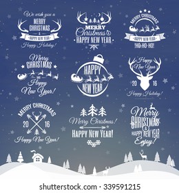 Christmas labels elements vector set with santa and deer, christmas ball, snowflake, gift, sweet on holiday background. Holiday decoration element. Happy Holiday