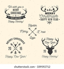Christmas labels elements vector set with santa and deer, christmas ball, snowflake, gift, sweet on holiday background. Holiday decoration element.