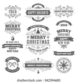 Christmas labels elements vector set with santa and deer, christmas ball, snowflake, gift, sweet on holiday background. Holiday decoration element. Happy Holiday