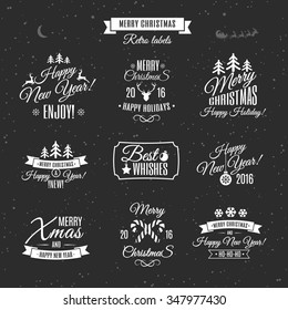 Christmas labels elements vector set with santa and deer, christmas ball, snowflake, gift, sweet on holiday background. Holiday decoration element. Happy Holiday