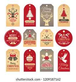 Christmas labels. Holiday tags and badges with funny winter new year elements and vector snow illustrations. Christmas label tag, merry xmas with deer and bell