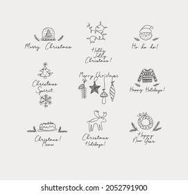 Christmas labels with lettering drawing in hand sketch style on grey background